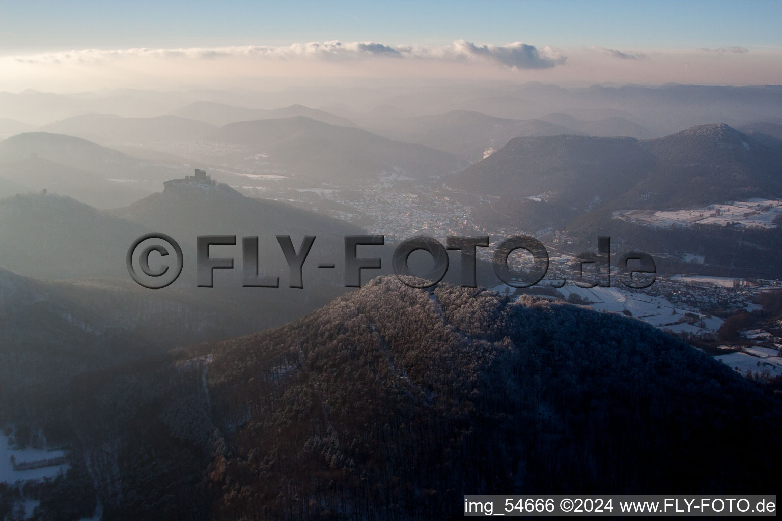 Aerial photograpy of Castle of the fortress Burg Trifels in Annweiler am Trifels in the state Rhineland-Palatinate