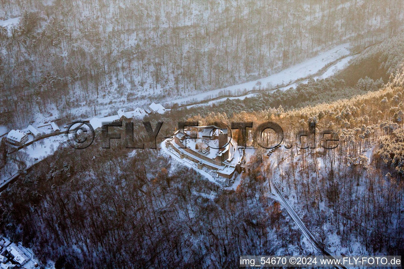 Aerial photograpy of Wintry snowy Ruins and vestiges of the former castle and fortress Burg Landeck in Klingenmuenster in the state Rhineland-Palatinate, Germany