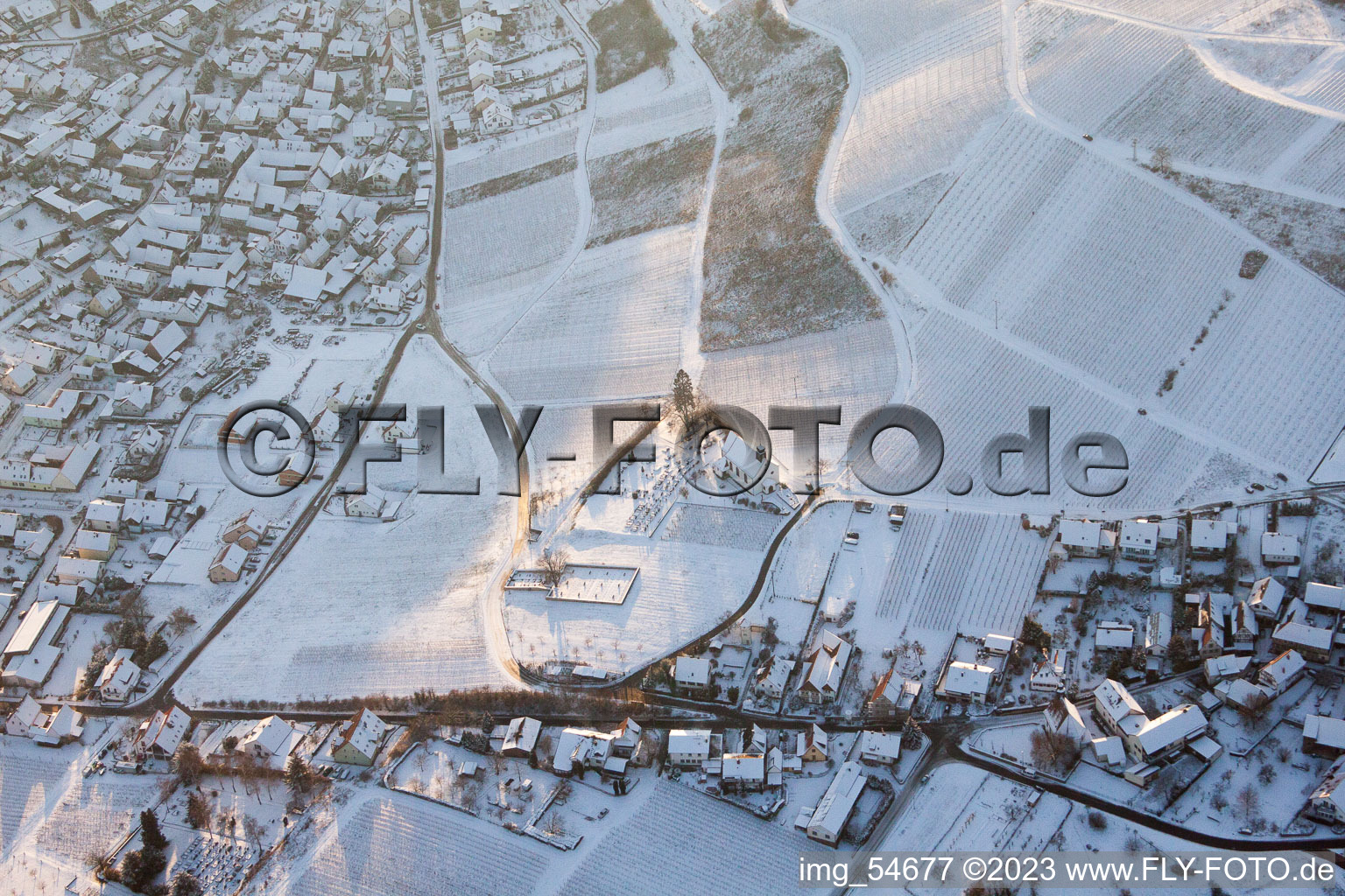 Aerial view of St. Dionysius Chapel in the snow in the district Gleiszellen in Gleiszellen-Gleishorbach in the state Rhineland-Palatinate, Germany