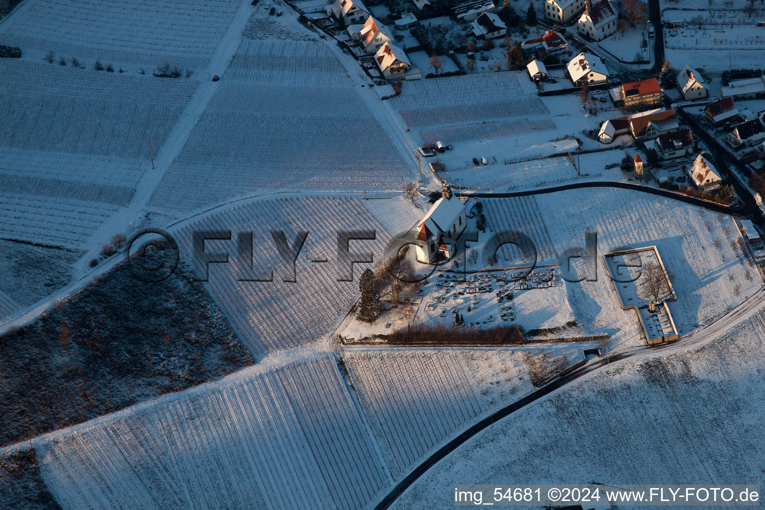 Aerial photograpy of St. Dionysius Chapel in the snow in the district Gleiszellen in Gleiszellen-Gleishorbach in the state Rhineland-Palatinate, Germany