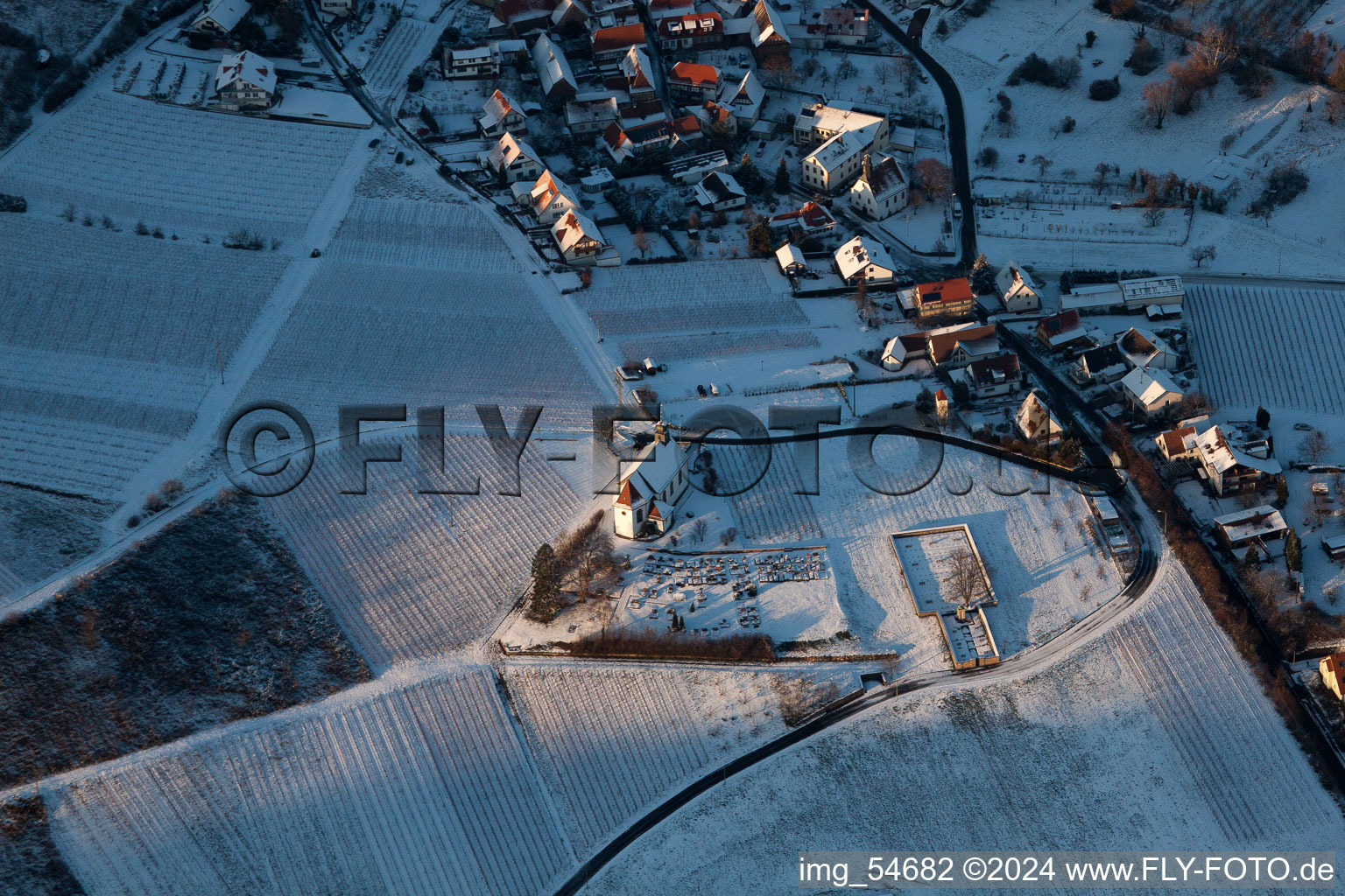 Oblique view of St. Dionysius Chapel in the snow in the district Gleiszellen in Gleiszellen-Gleishorbach in the state Rhineland-Palatinate, Germany