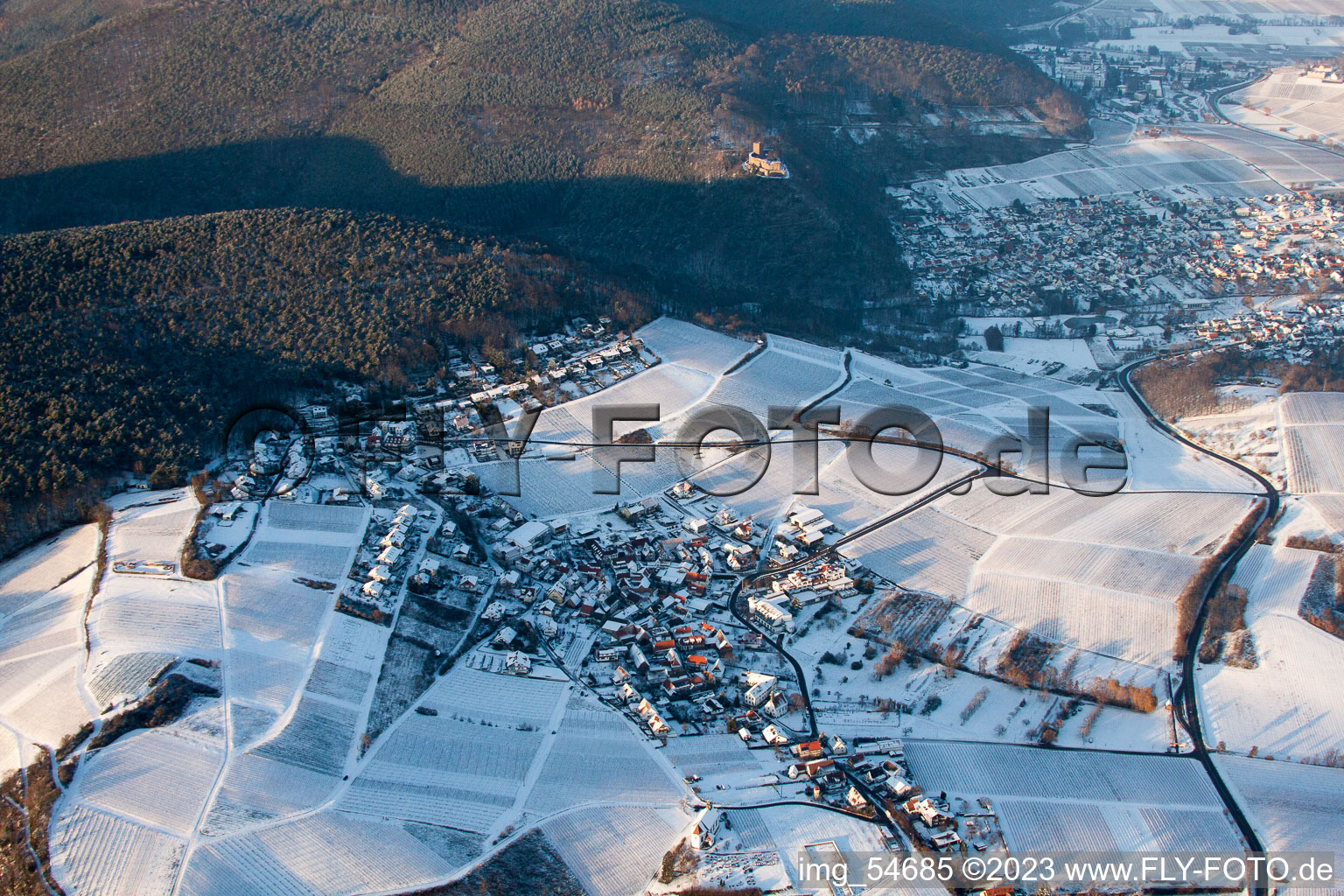 Aerial view of In winter in the district Gleiszellen in Gleiszellen-Gleishorbach in the state Rhineland-Palatinate, Germany