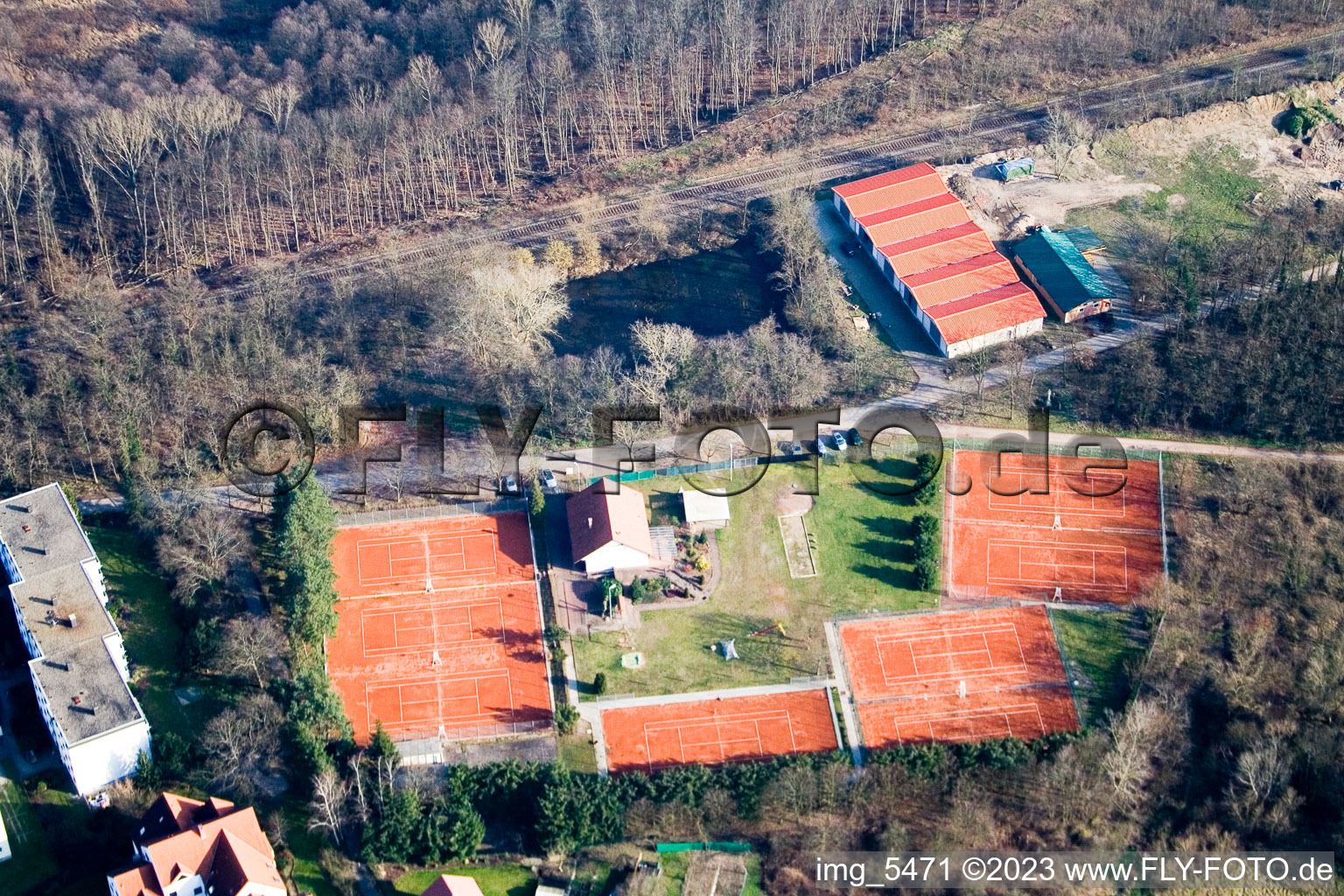 Tennis club in Jockgrim in the state Rhineland-Palatinate, Germany from above