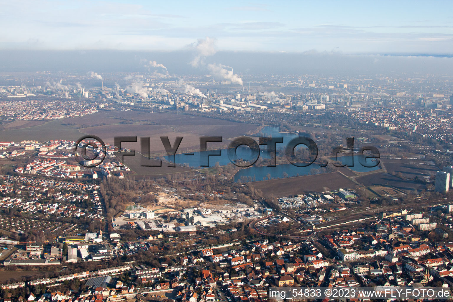 Bird's eye view of District Oppau in Ludwigshafen am Rhein in the state Rhineland-Palatinate, Germany