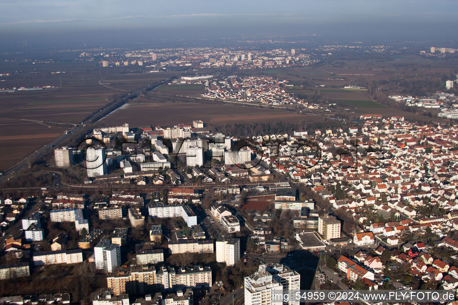 District Oggersheim in Ludwigshafen am Rhein in the state Rhineland-Palatinate, Germany from the drone perspective