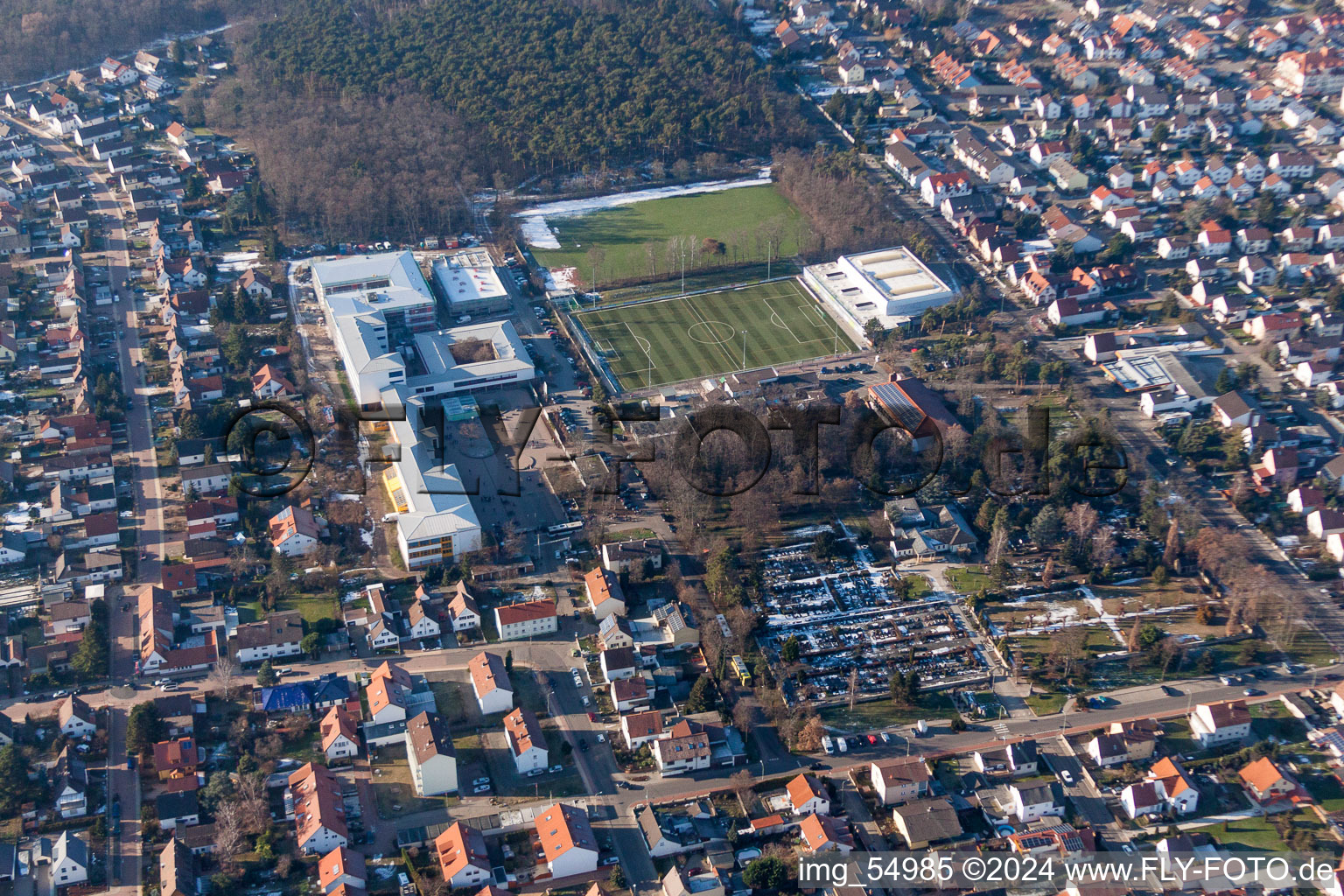 Ensemble of sports grounds of TSG Maxdorf with Waldsporthalle in Maxdorf in the state Rhineland-Palatinate, Germany