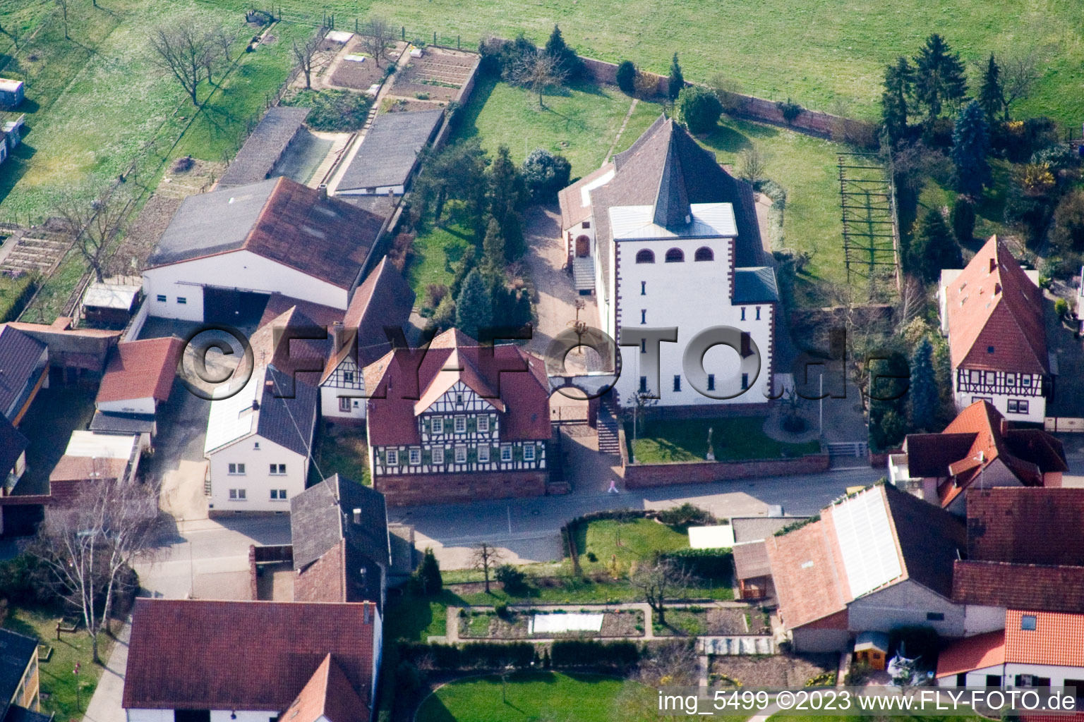 Oblique view of Catholic Church in Minfeld in the state Rhineland-Palatinate, Germany