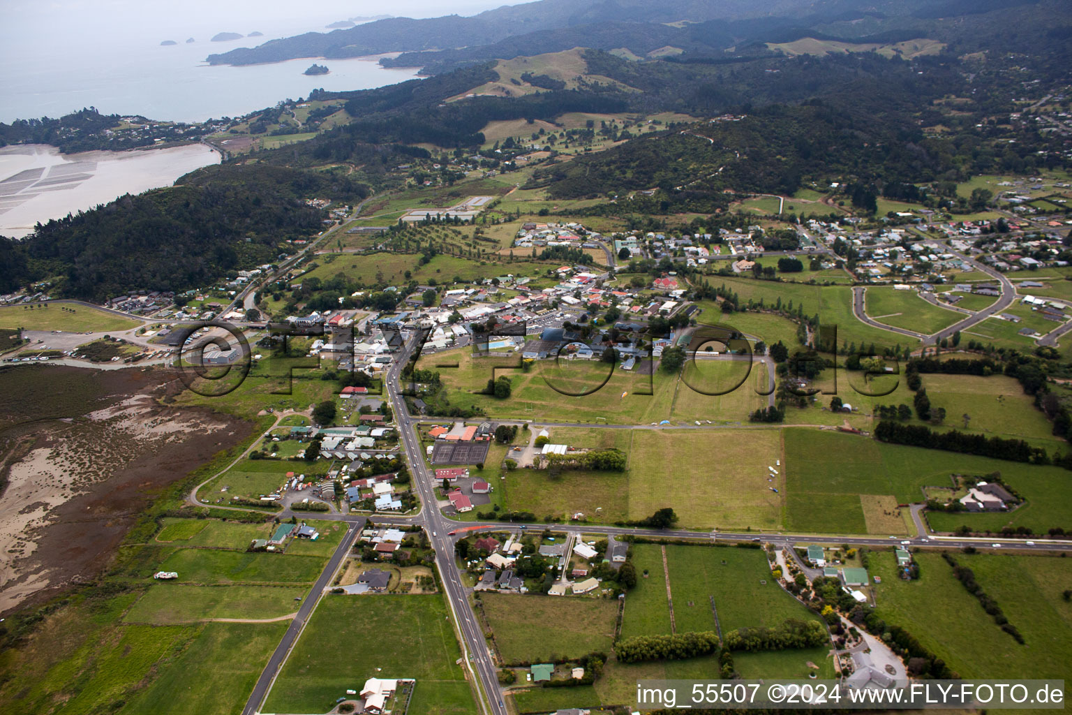 Aerial view of Simon's launch in Coromandel in the state Waikato, New Zealand