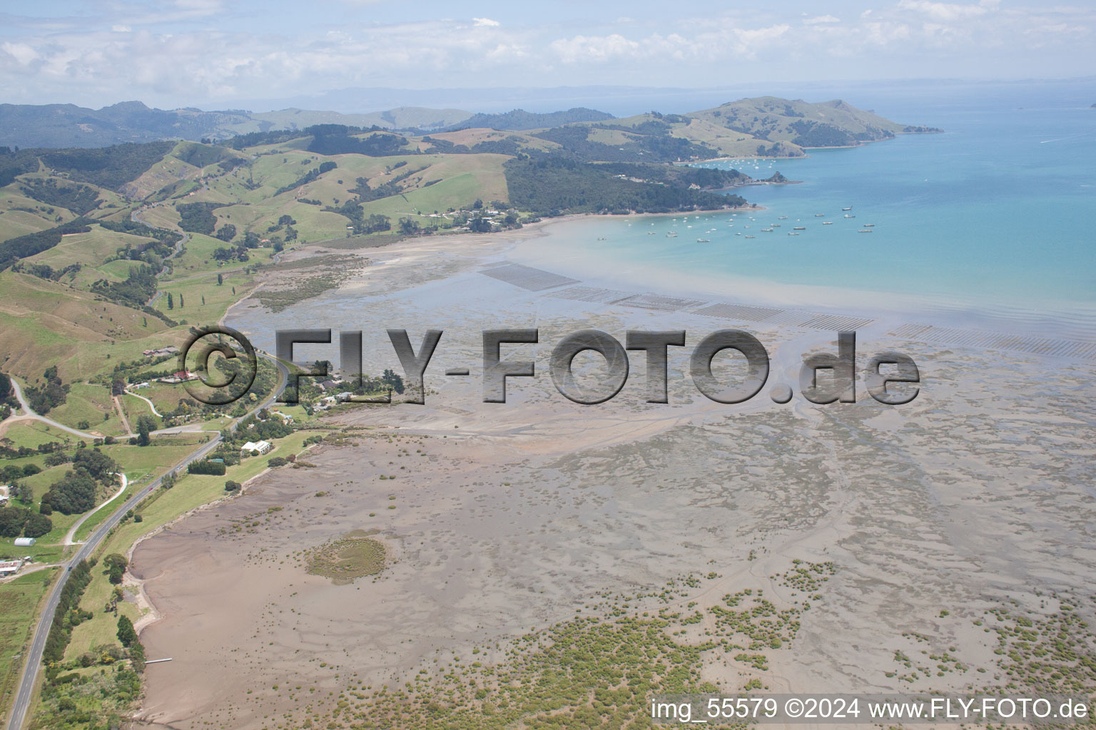 Aerial view of District Te Kouma in Coromandel in the state Waikato, New Zealand