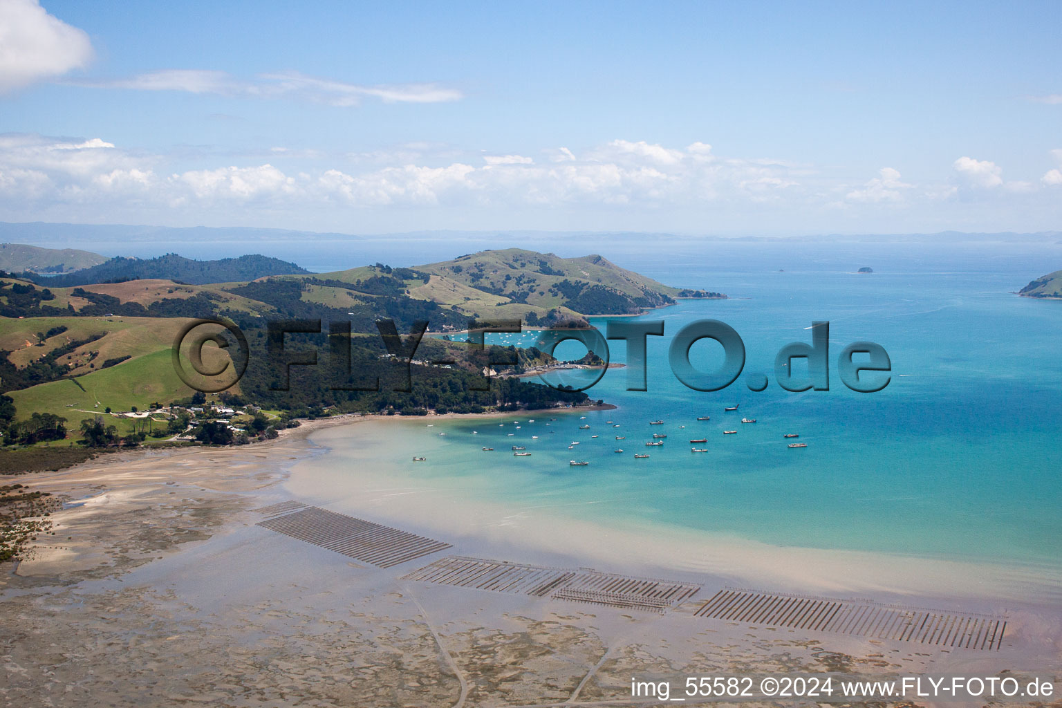 Aerial photograpy of District Te Kouma in Coromandel in the state Waikato, New Zealand