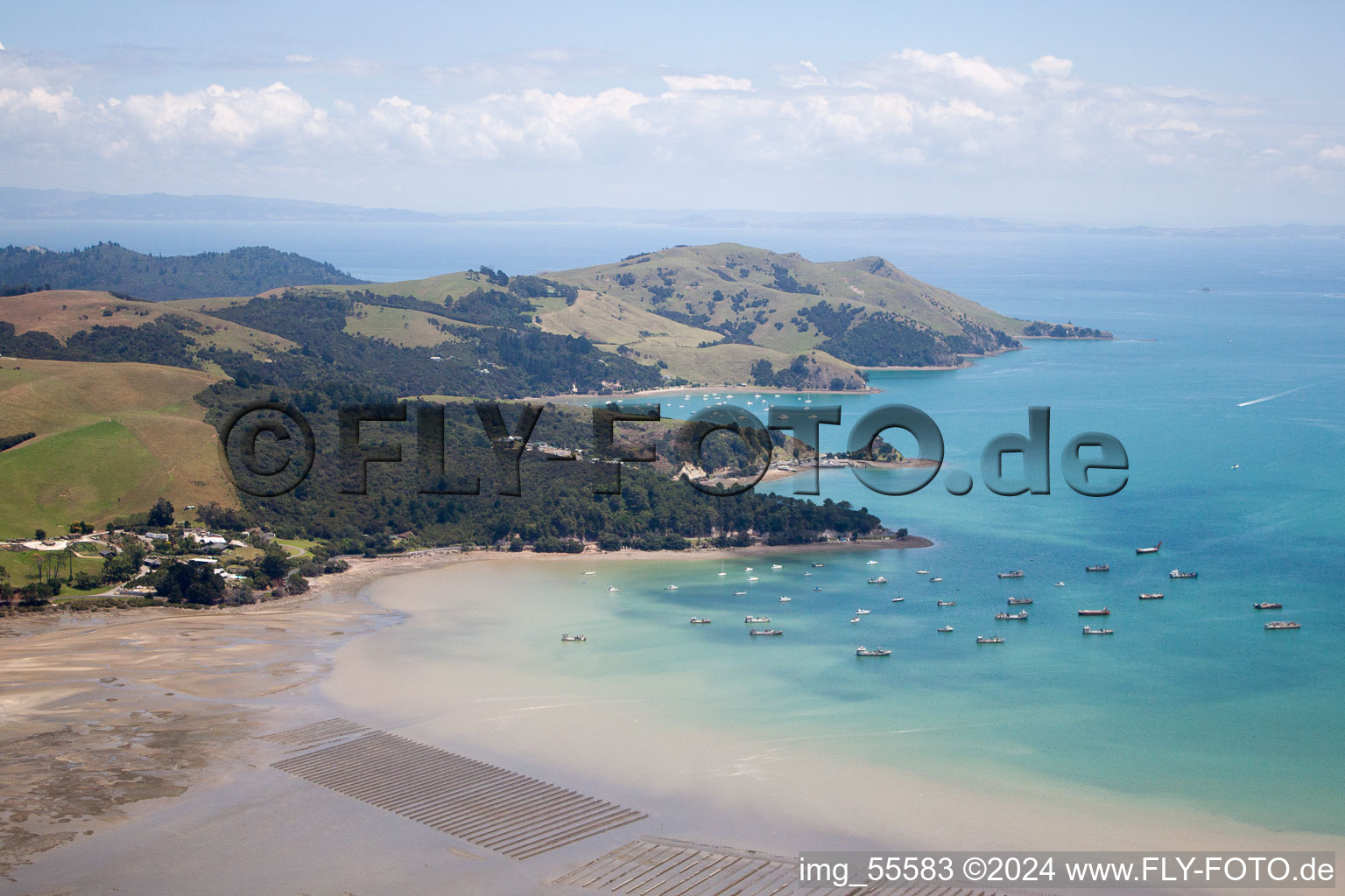 Oblique view of District Te Kouma in Coromandel in the state Waikato, New Zealand