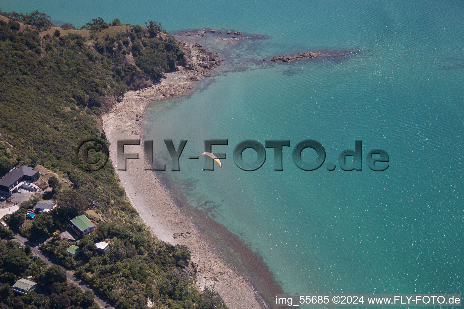 Drone recording of District Wyuna Bay in Coromandel in the state Waikato, New Zealand