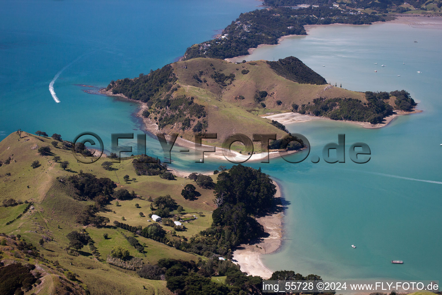 Drone image of Whanganui Island in the state Waikato, New Zealand