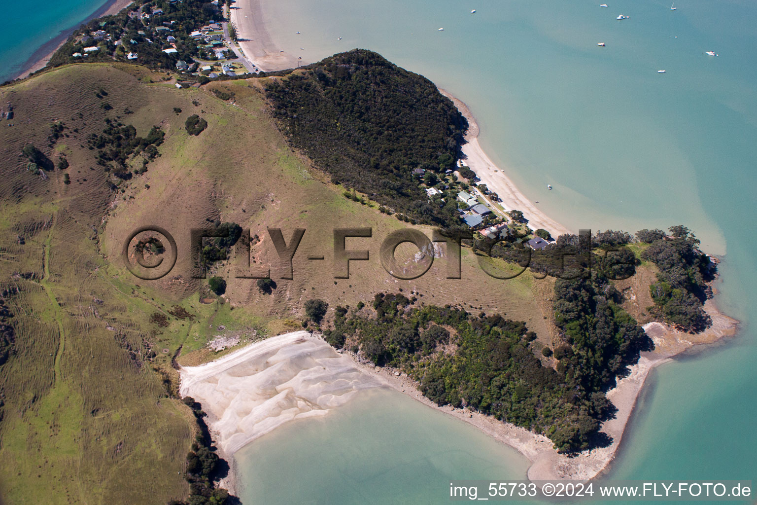 District Wyuna Bay in Coromandel in the state Waikato, New Zealand seen from a drone