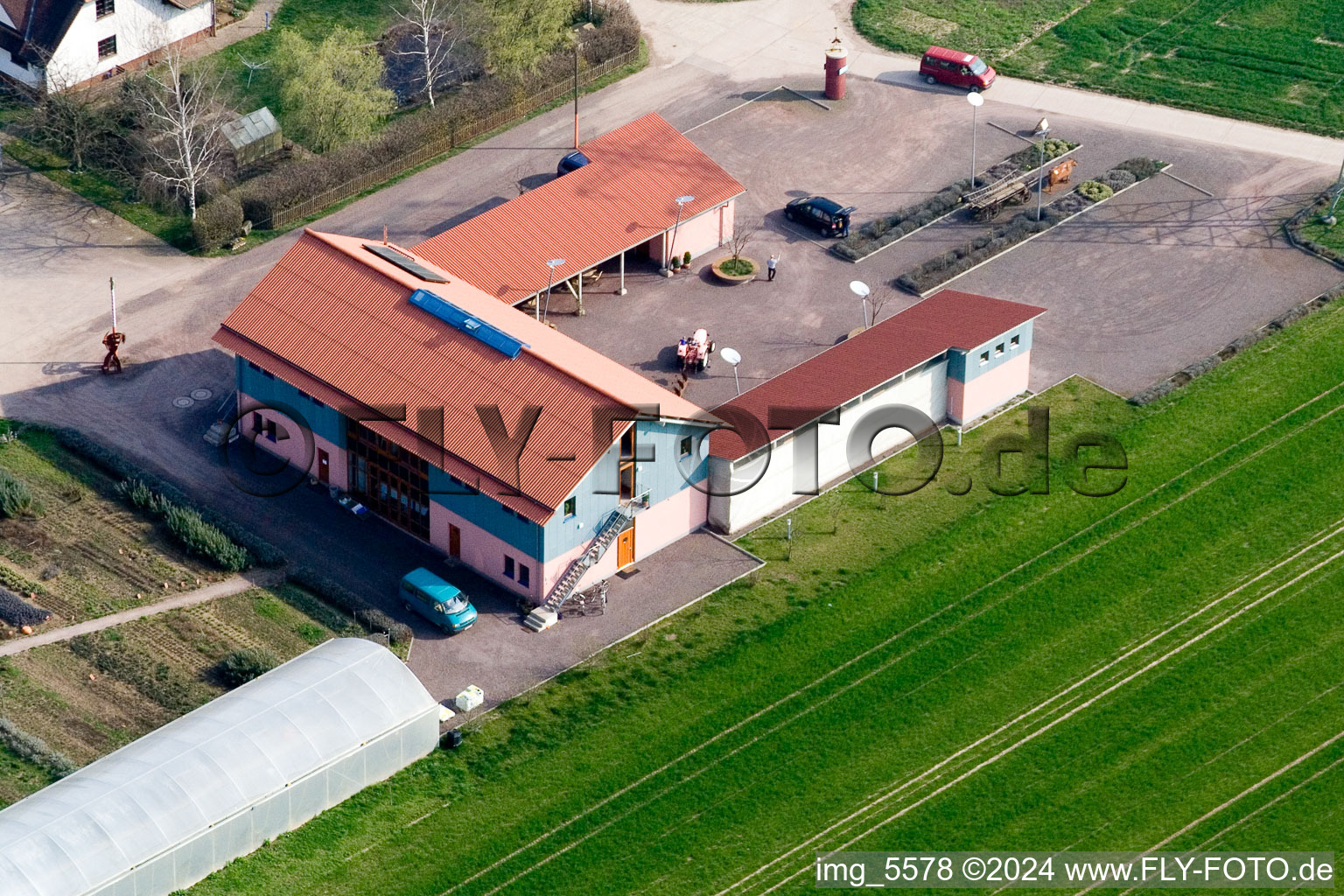 Aerial view of Schossberghof in Minfeld in the state Rhineland-Palatinate, Germany