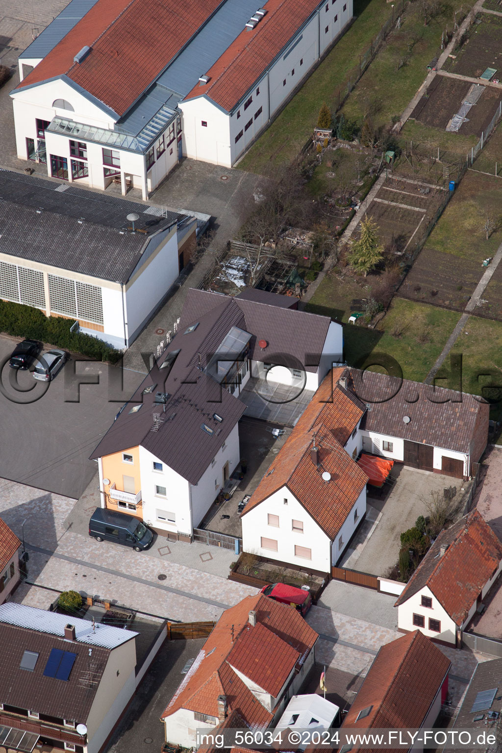 Bird's eye view of Schulstr in Minfeld in the state Rhineland-Palatinate, Germany