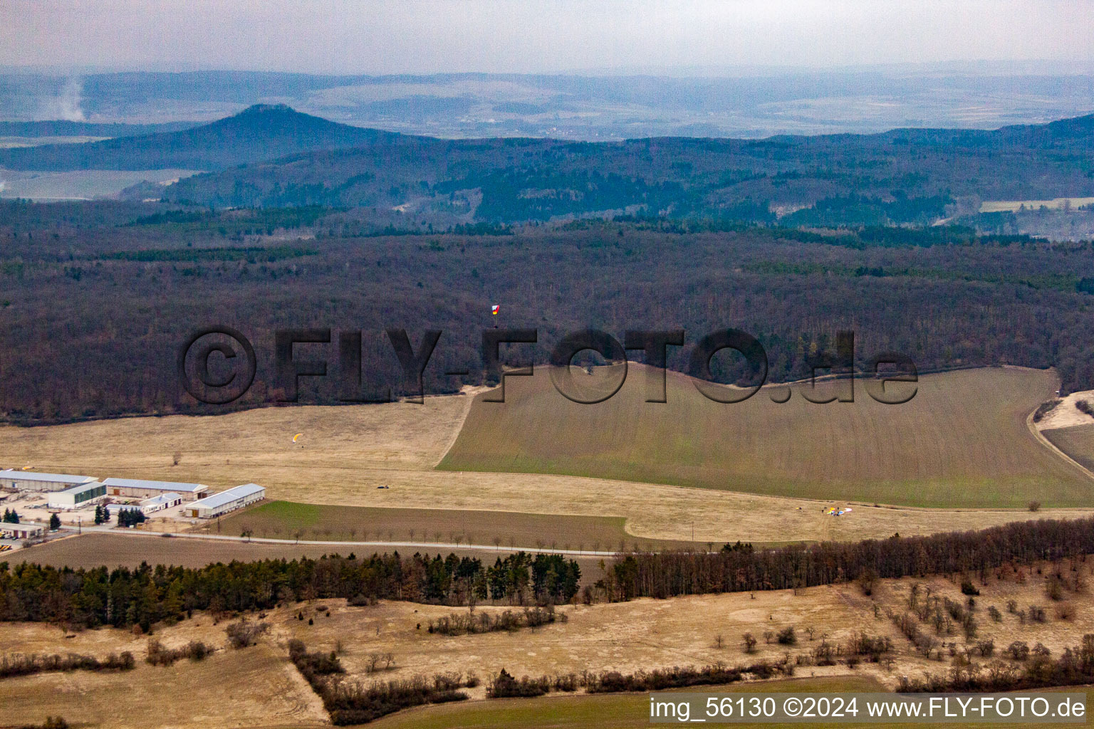 Aerial view of Former agricultural airfield Westhausen info in sight in Westhausen in the state Thuringia, Germany