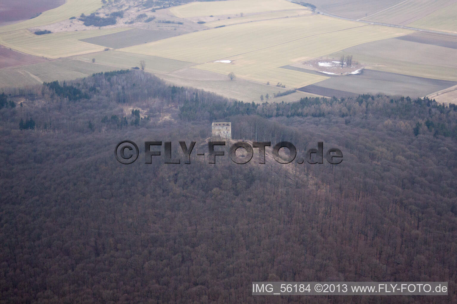 Aerial view of Ruins and vestiges of the former castle and fortress Straufhain in Straufhain in the state Thuringia, Germany