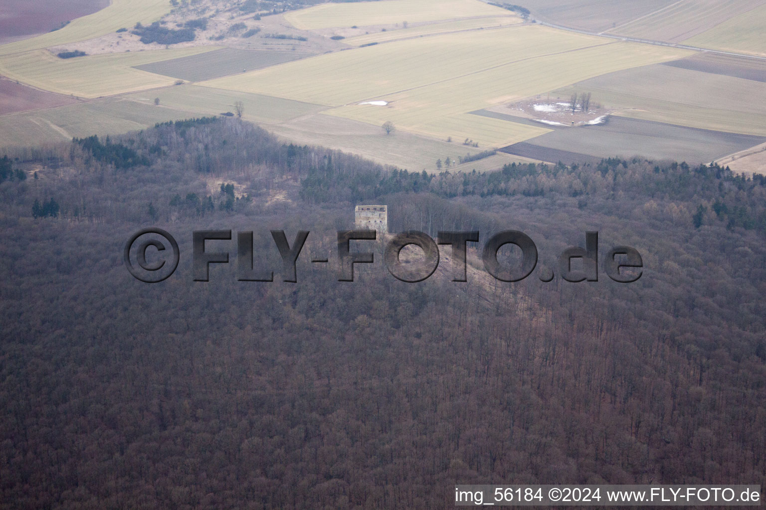 Aerial view of Ruins and vestiges of the former castle and fortress Straufhain in Straufhain in the state Thuringia, Germany