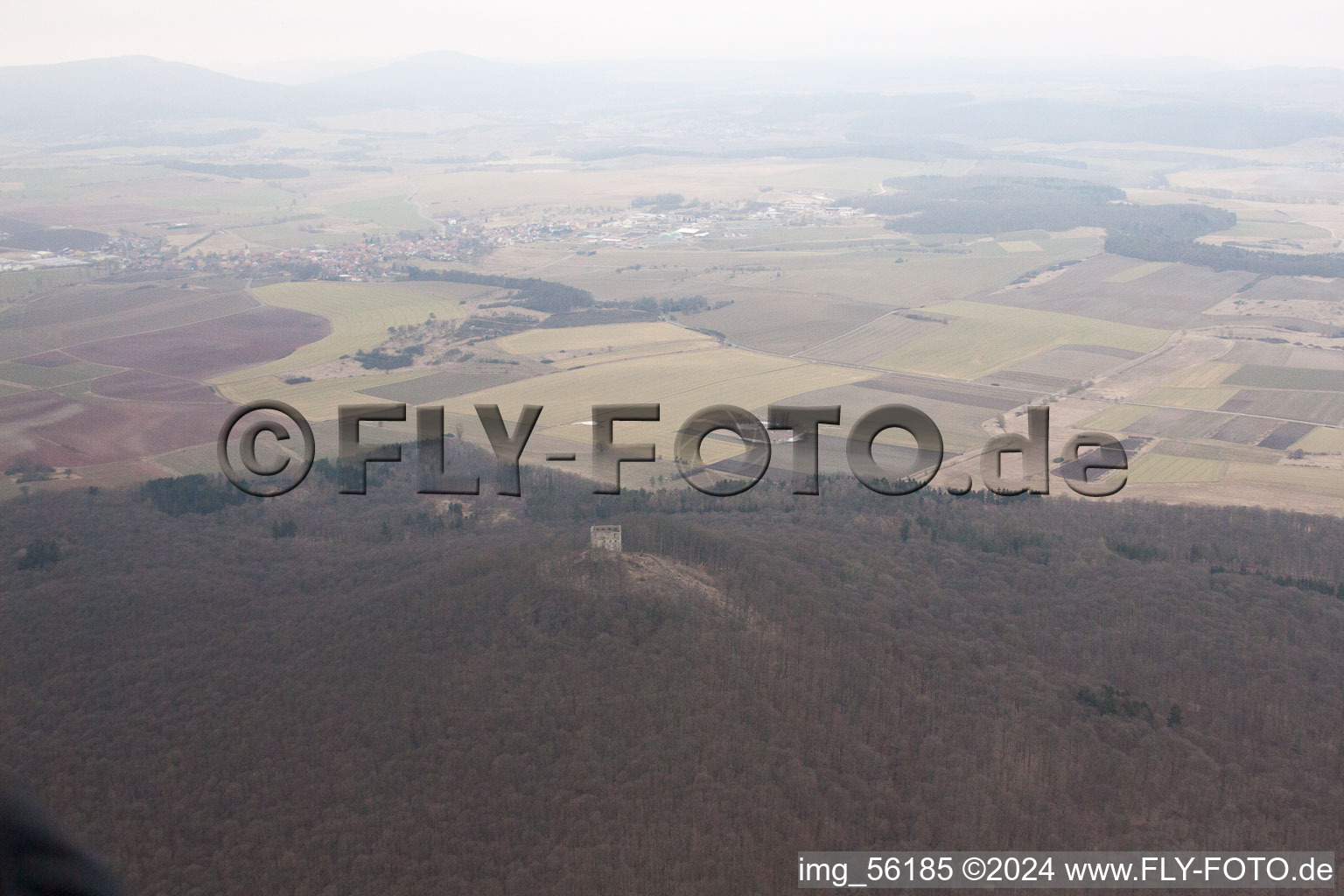 Aerial view of Ruins and vestiges of the former castle and fortress Straufhain in Straufhain in the state Thuringia, Germany