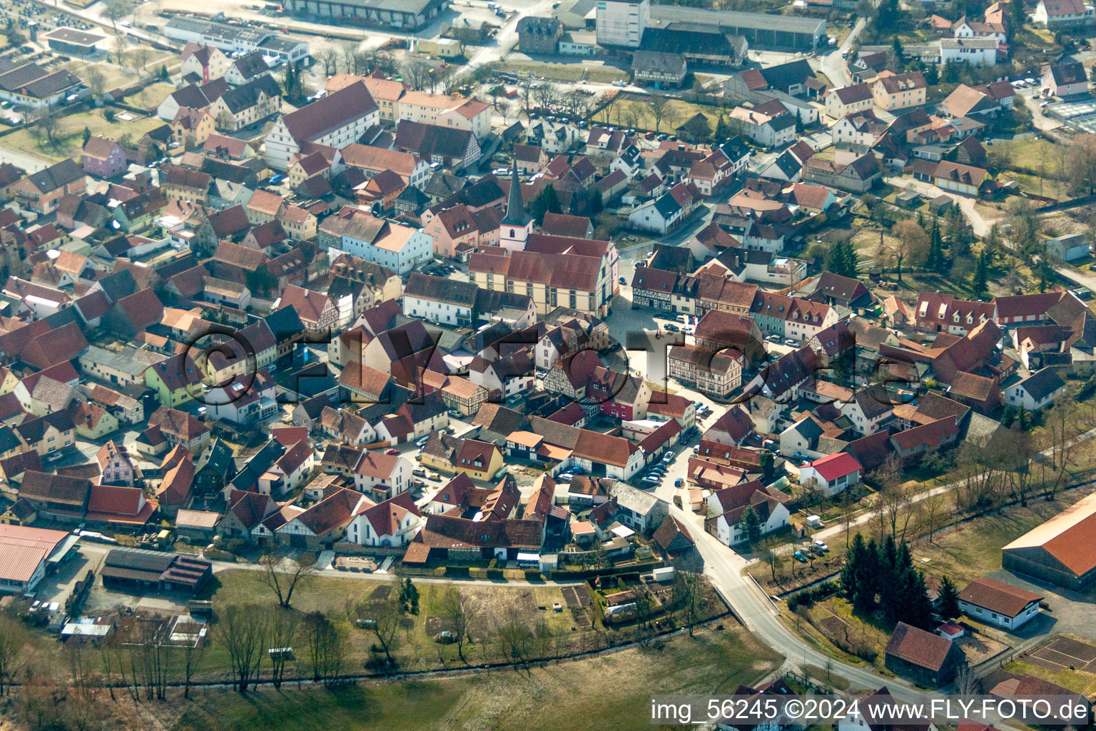 Aerial view of Church building in the village of in Sulzfeld in the state Bavaria, Germany