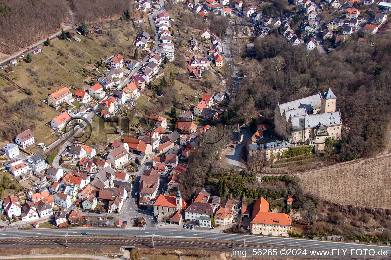 Castle Mainberg in the district Mainberg in Schonungen in the state Bavaria, Germany viewn from the air