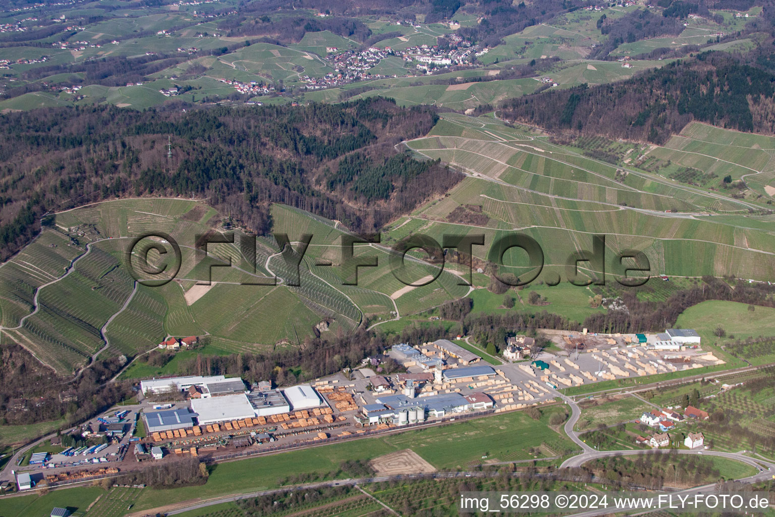 Aerial view of Building and production halls on the premises of sawmills in the district Oberachern in Achern in the state Baden-Wurttemberg