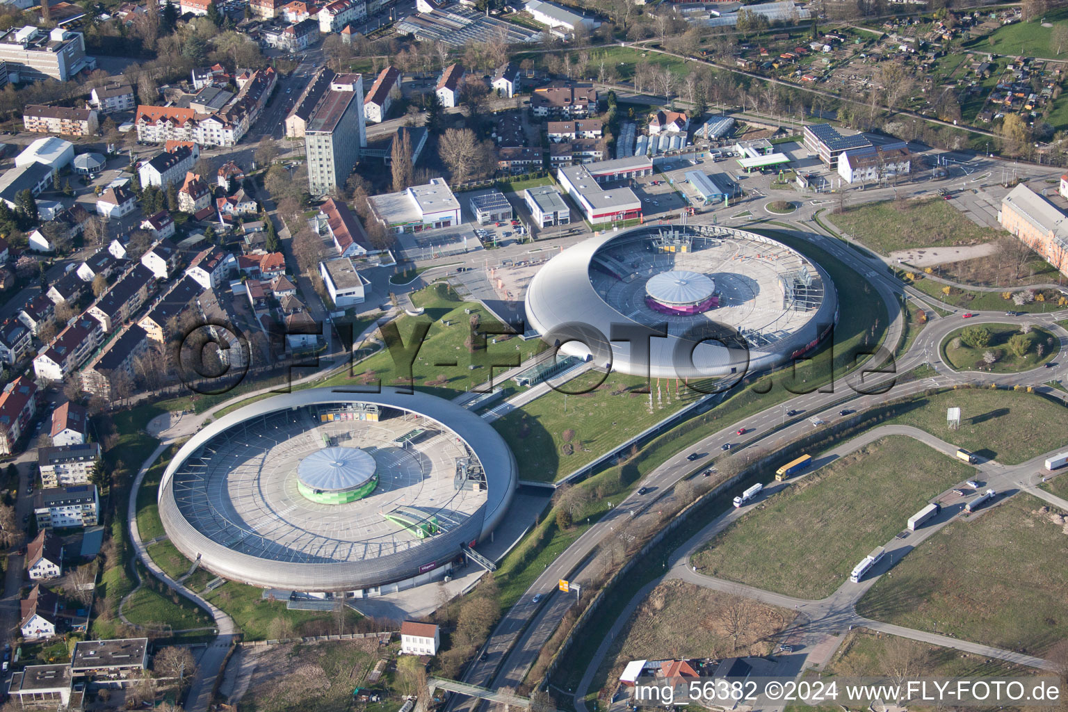 Building of the shopping center Shopping Cite in Baden-Baden in the state Baden-Wurttemberg seen from a drone