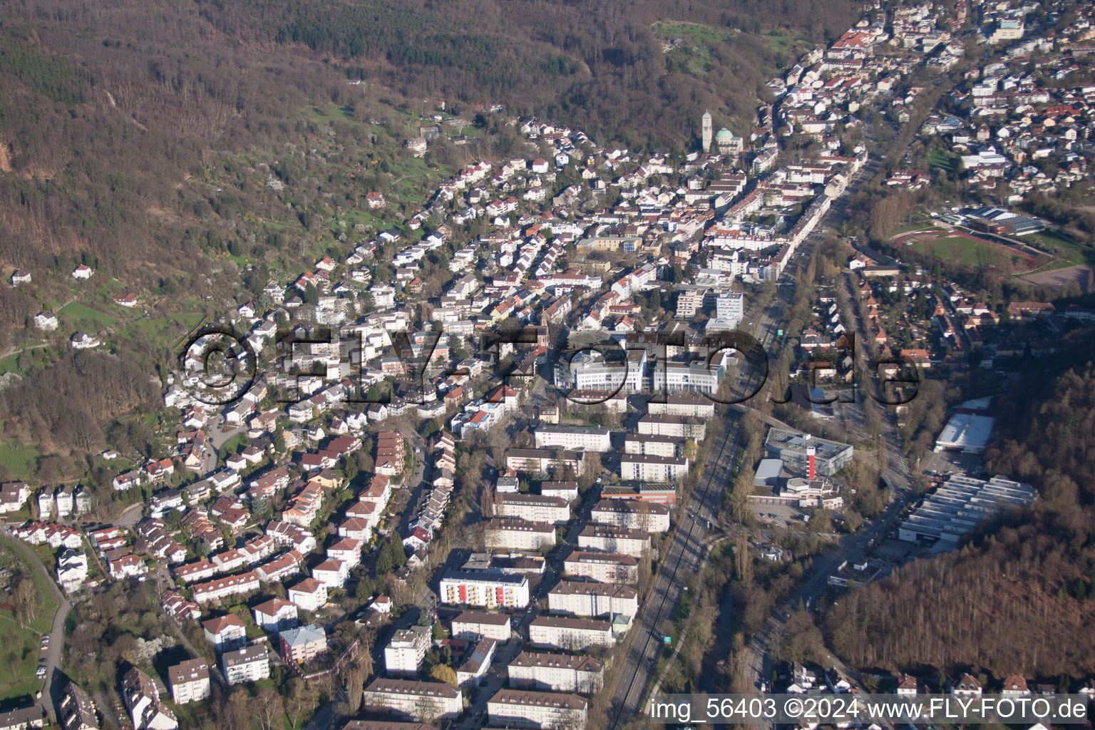 Aerial view of Town View of the streets and houses of the residential areas in the district Oos in Baden-Baden in the state Baden-Wurttemberg