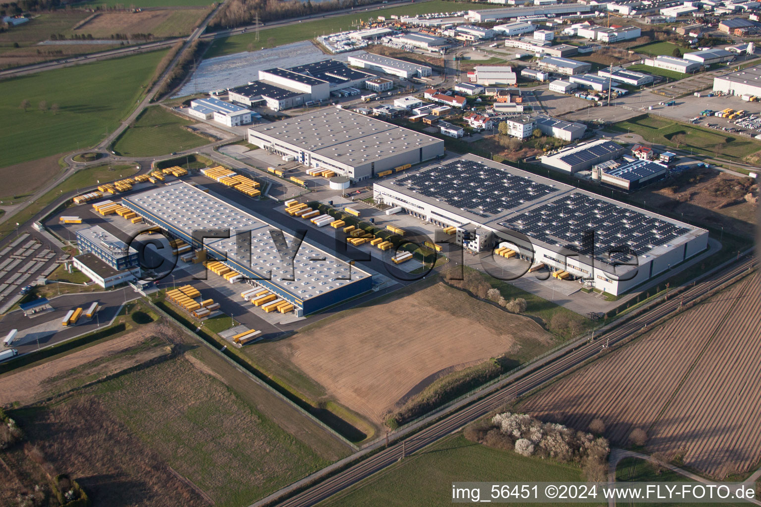 Warehouses and forwarding building of Dachser GmbH & Co.KG in Malsch in the state Baden-Wurttemberg seen from above