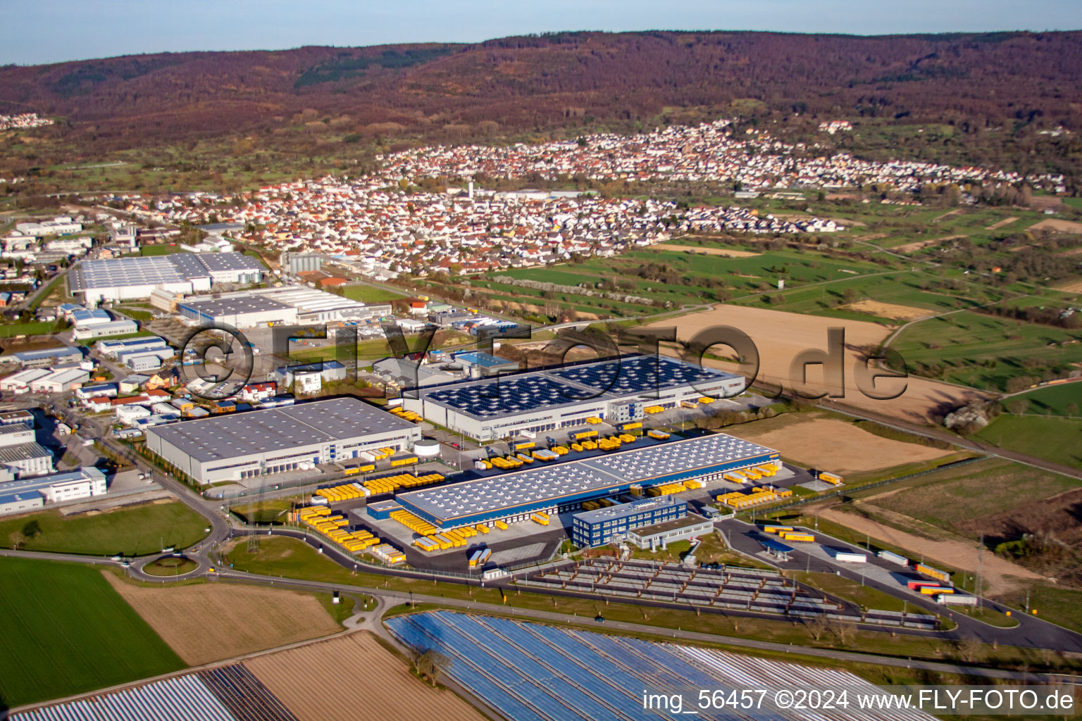 Warehouses and forwarding building of Dachser GmbH & Co.KG in Malsch in the state Baden-Wurttemberg from the plane