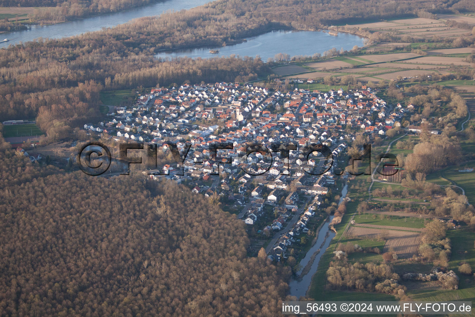 Drone recording of Au am Rhein in the state Baden-Wuerttemberg, Germany