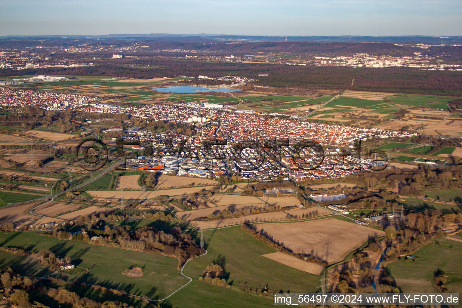 From the southwest in the district Mörsch in Rheinstetten in the state Baden-Wuerttemberg, Germany