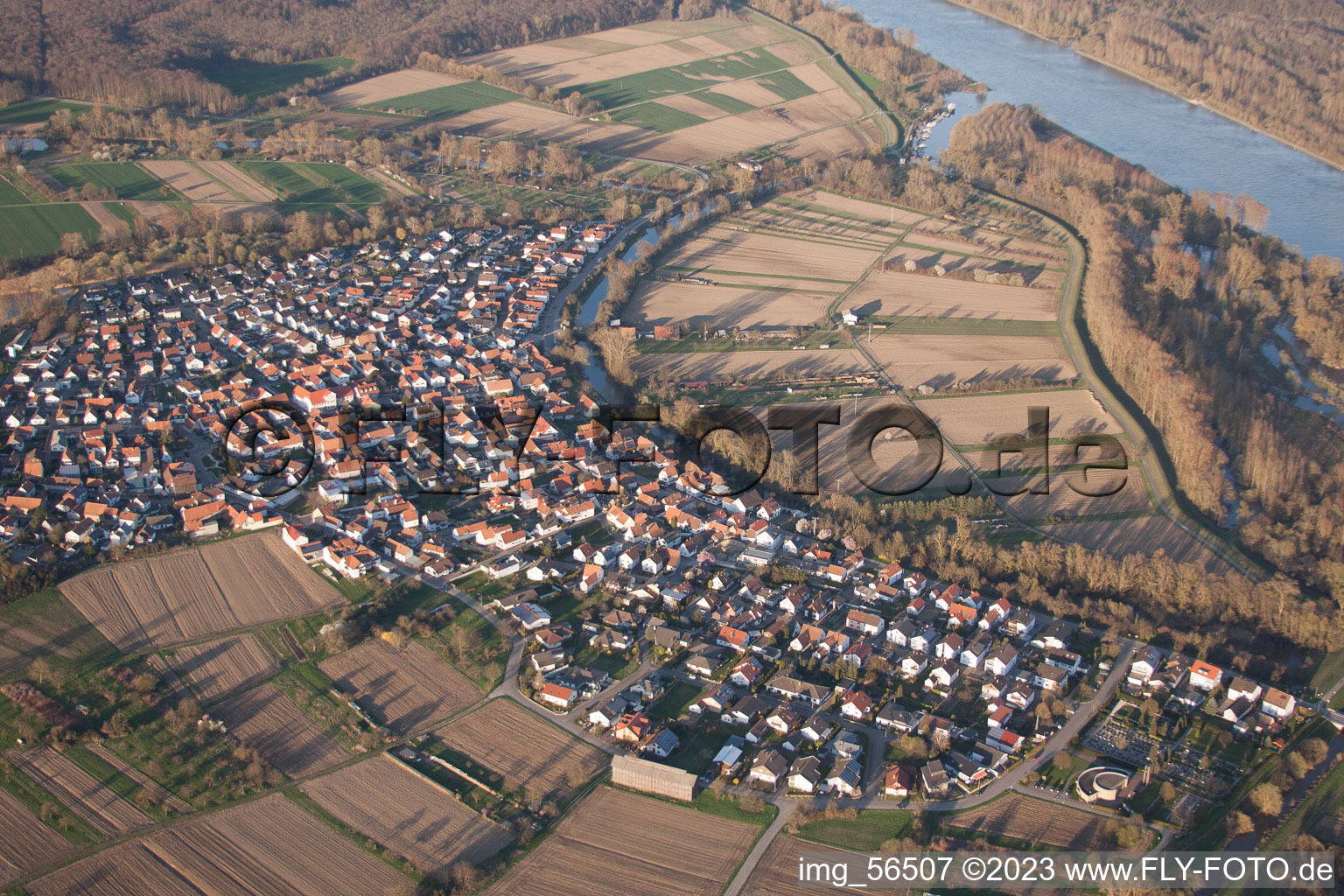 Oblique view of Neuburg in the state Rhineland-Palatinate, Germany