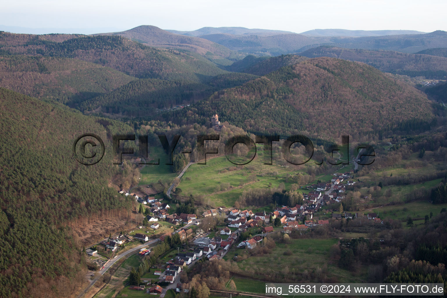 Bird's eye view of Fortress Berwartstein in Erlenbach bei Dahn in the state Rhineland-Palatinate