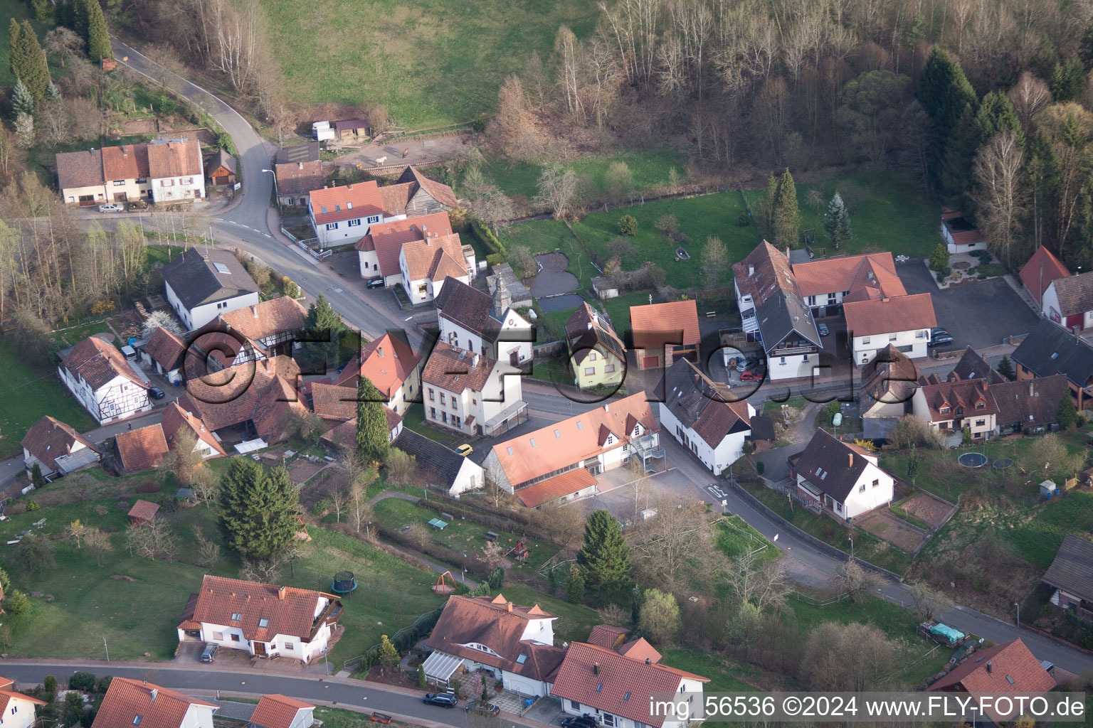 Aerial view of Assumption Day in Erlenbach bei Dahn in the state Rhineland-Palatinate, Germany