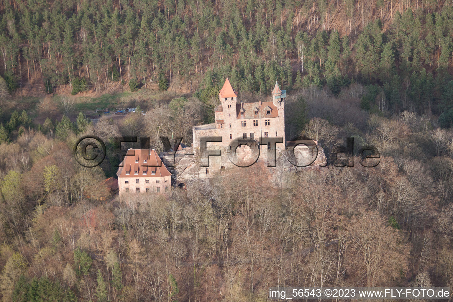 Drone recording of Erlenbach bei Dahn in the state Rhineland-Palatinate, Germany