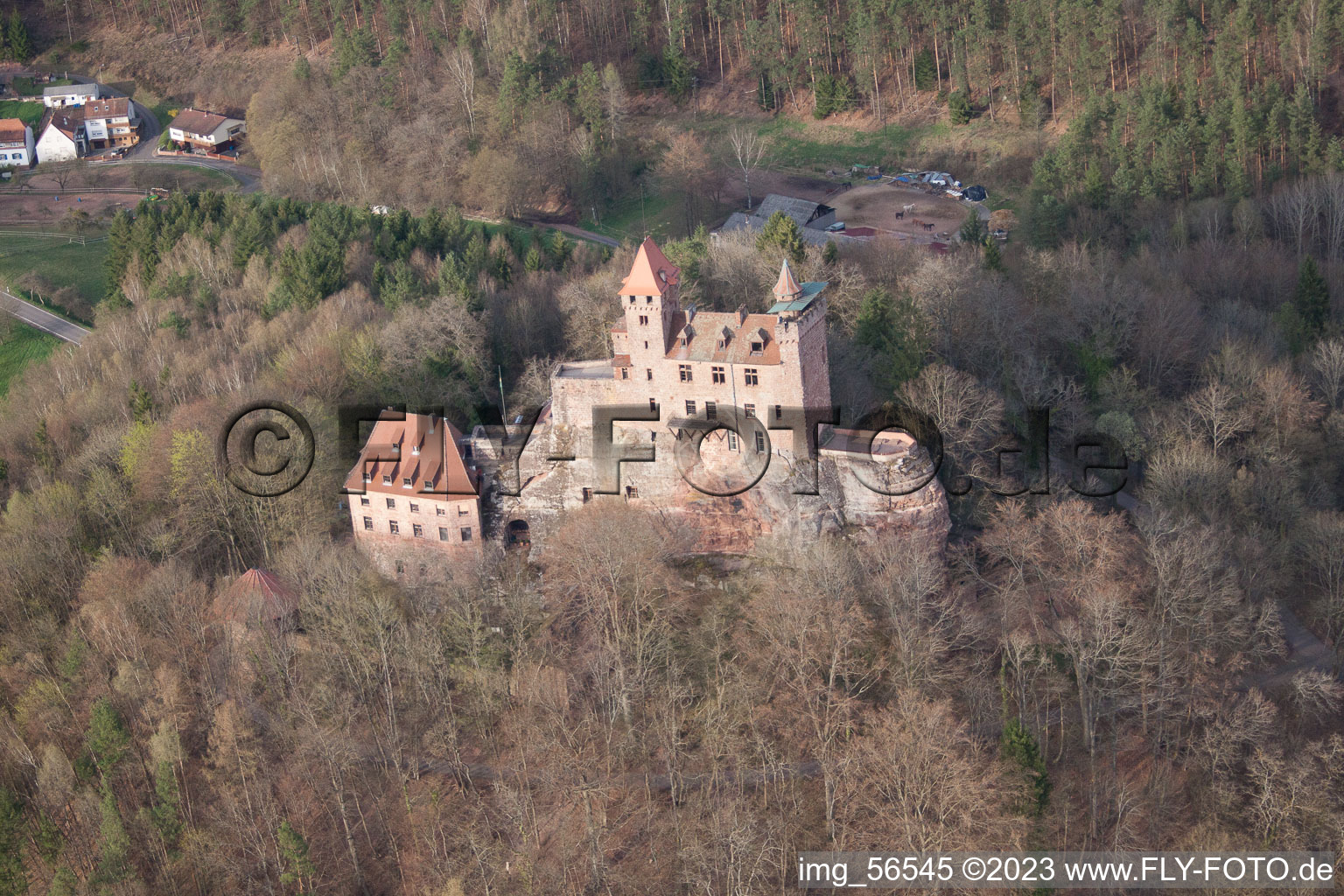 Drone image of Erlenbach bei Dahn in the state Rhineland-Palatinate, Germany