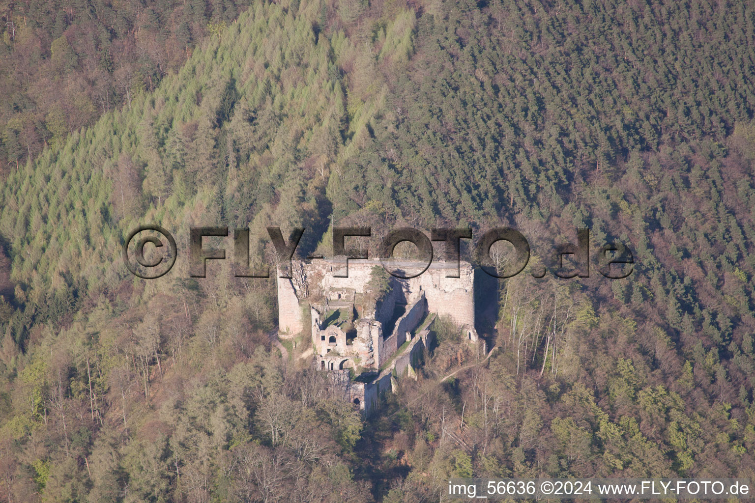 Neuscharfeneck Castle in Dernbach in the state Rhineland-Palatinate, Germany from the plane