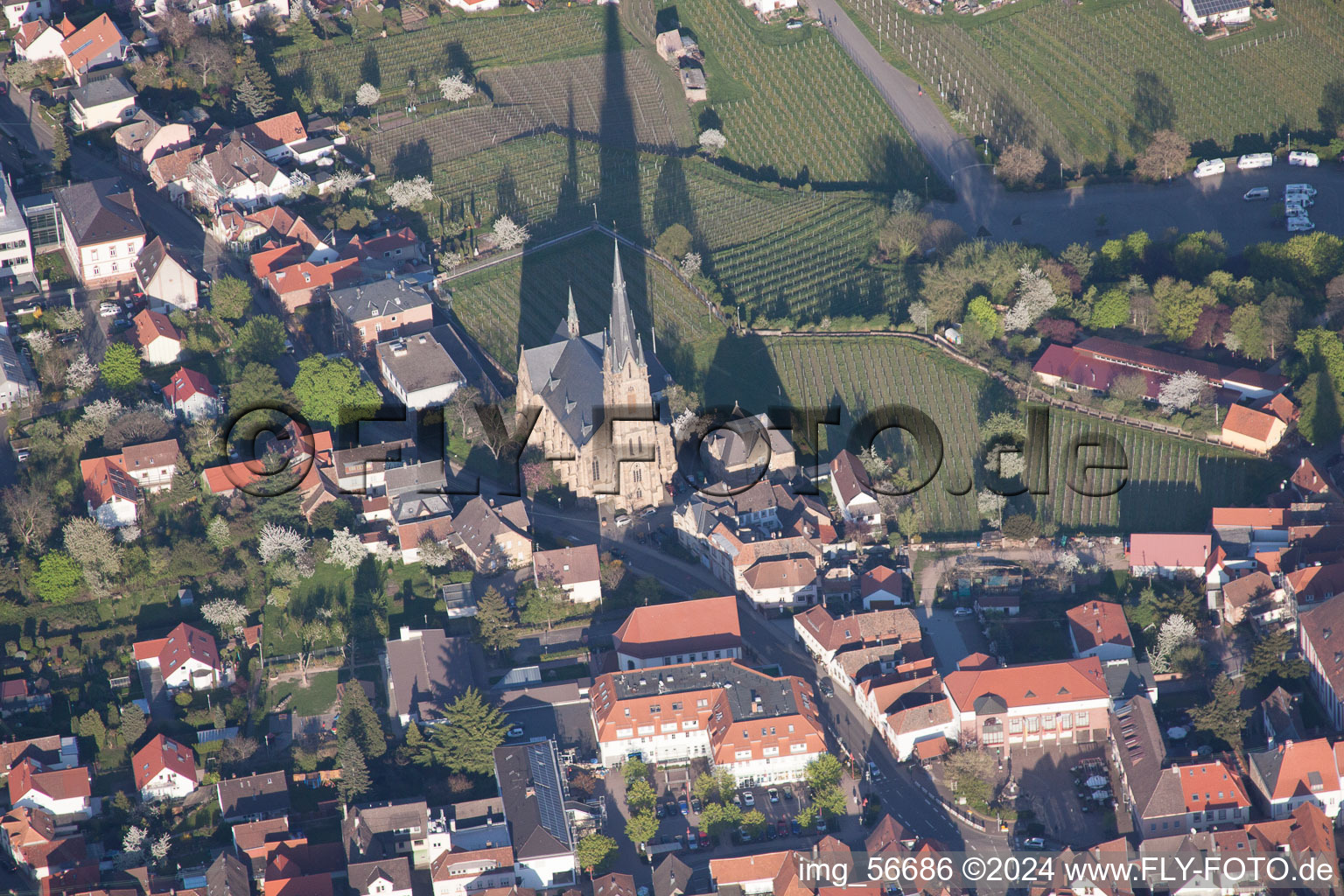 Aerial view of Church building in St. Ludwig Old Town- center of downtown in Edenkoben in the state Rhineland-Palatinate