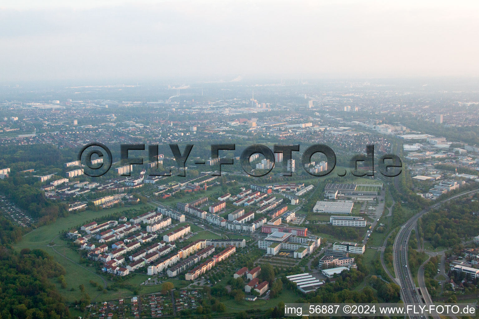 District Oberreut in Karlsruhe in the state Baden-Wuerttemberg, Germany from the drone perspective