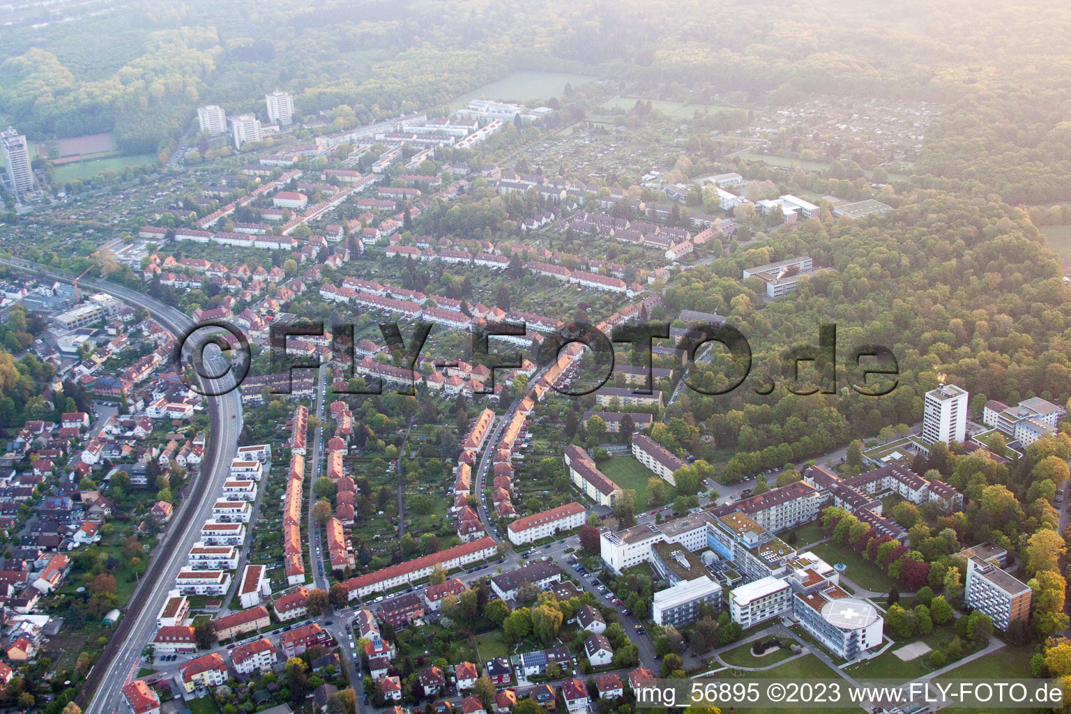 District Rüppurr in Karlsruhe in the state Baden-Wuerttemberg, Germany seen from a drone