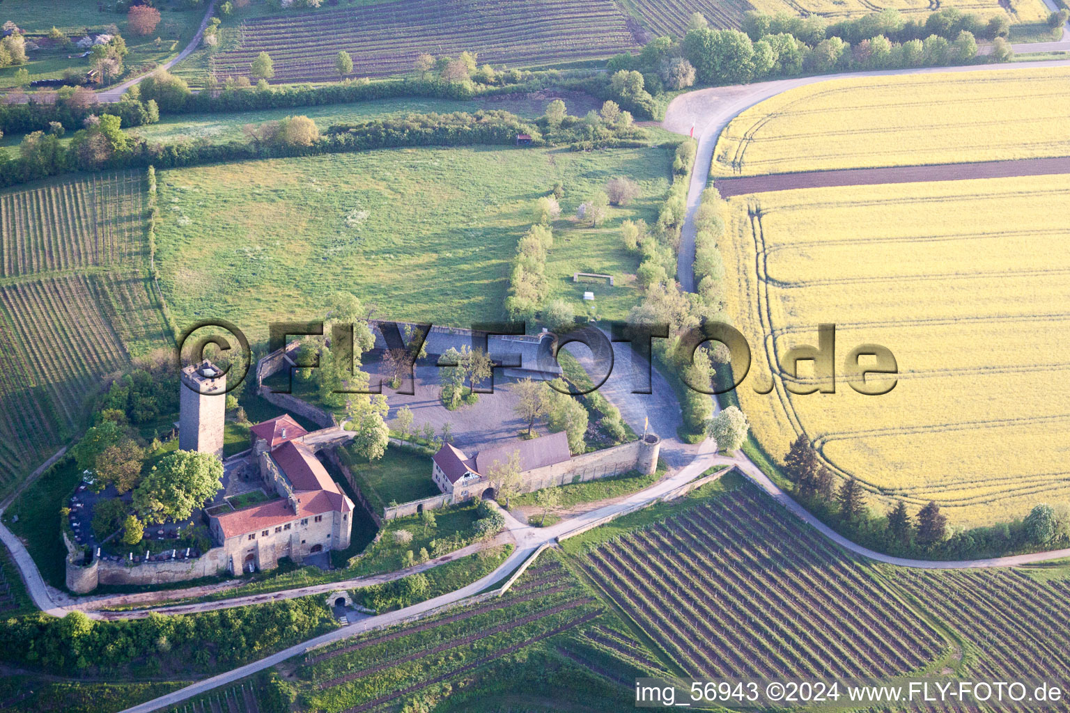 Oblique view of Ravensburg Castle in Sulzfeld in the state Baden-Wuerttemberg, Germany