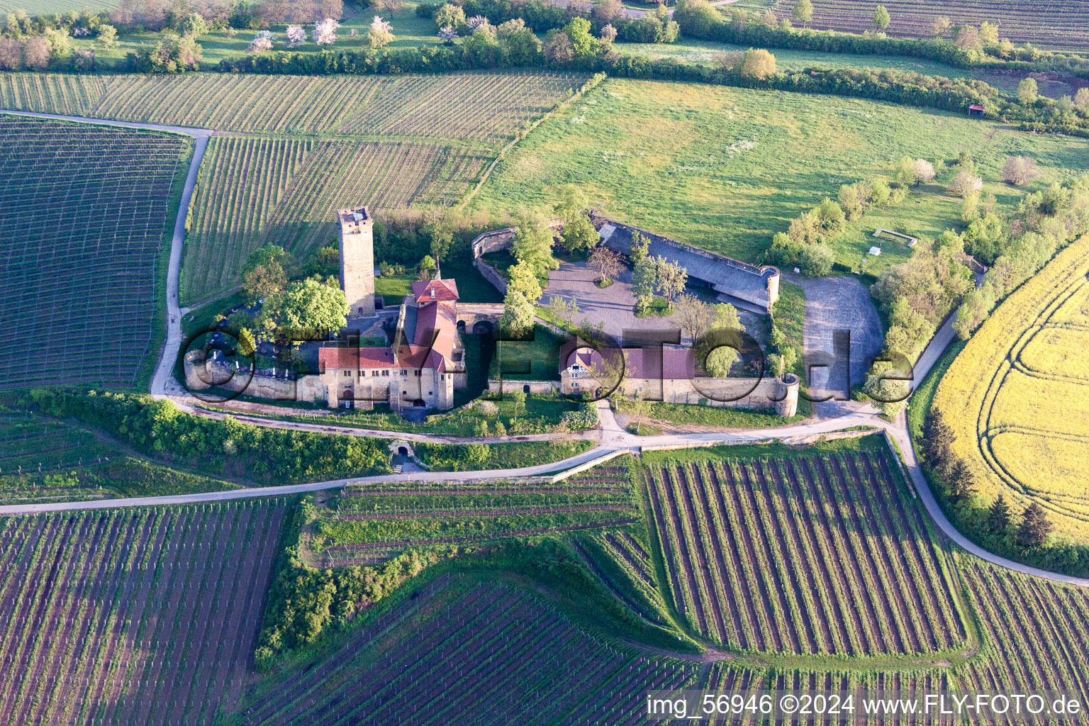 Castle of the fortress Ravensburg with restaurant in Sulzfeld in the state Baden-Wurttemberg, Germany out of the air