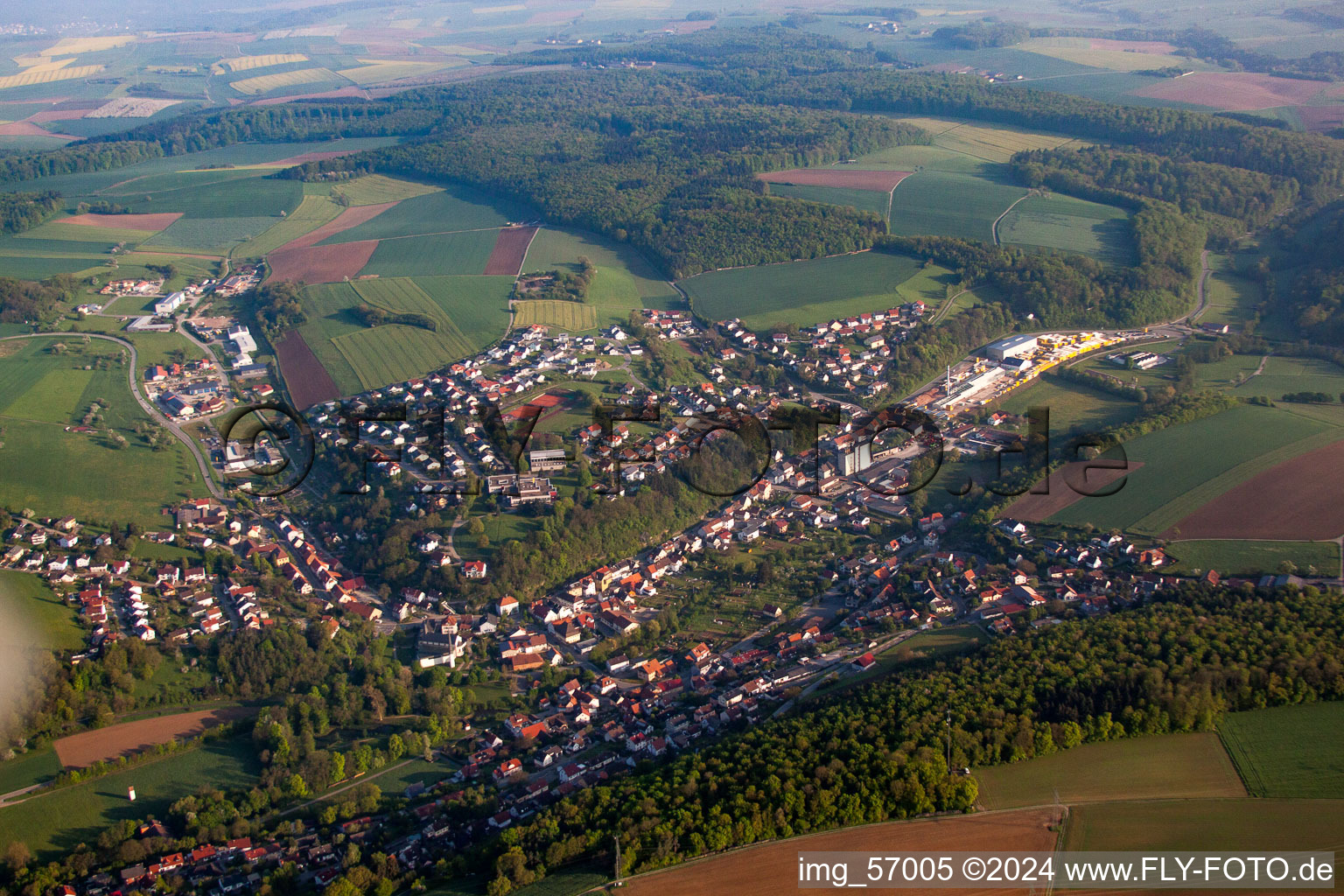 Aerial view of Neckar-Odenwald district in Billigheim in the state Baden-Wuerttemberg, Germany