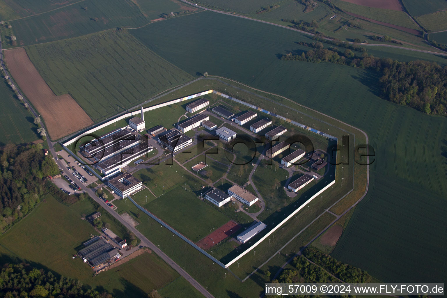 Aerial view of Building complex of the jail Justizvollzugsanstalt Adelsheim in the district Leibenstadt in Adelsheim in the state Baden-Wurttemberg