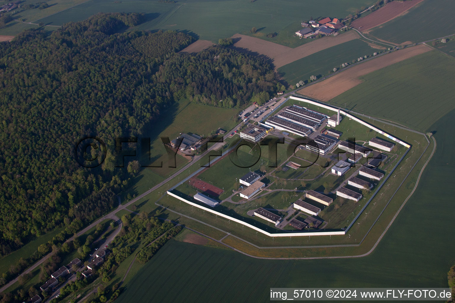 Aerial photograpy of Building complex of the jail Justizvollzugsanstalt Adelsheim in the district Leibenstadt in Adelsheim in the state Baden-Wurttemberg