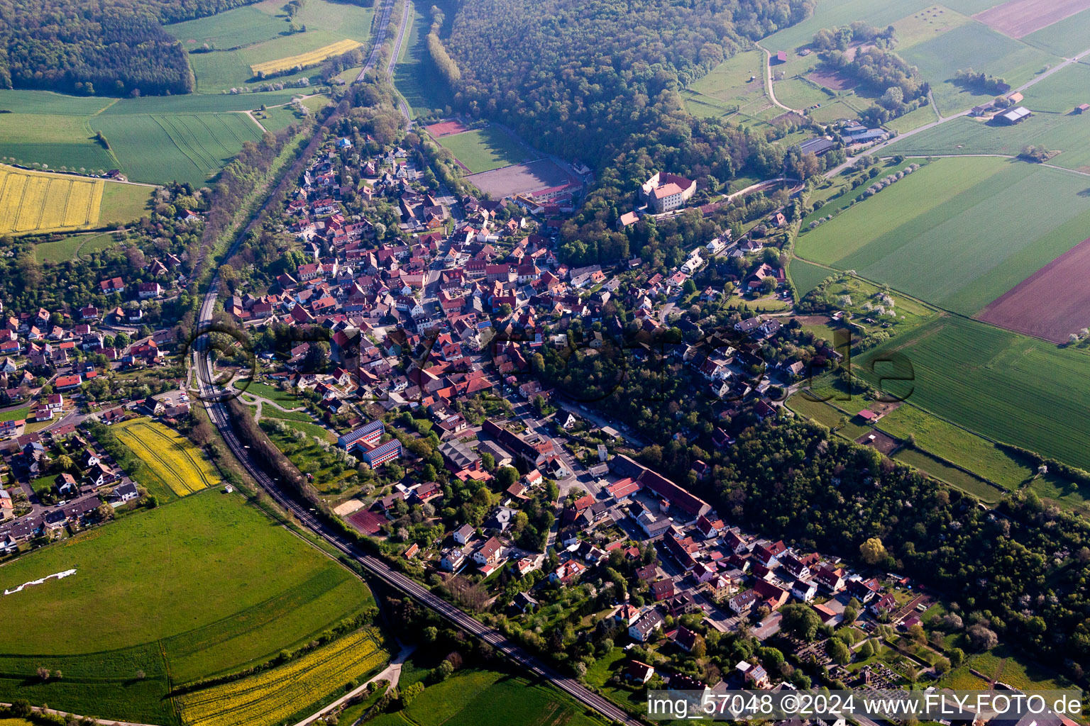 Town View of the streets and houses of the residential areas in Reichenberg in the state Bavaria, Germany