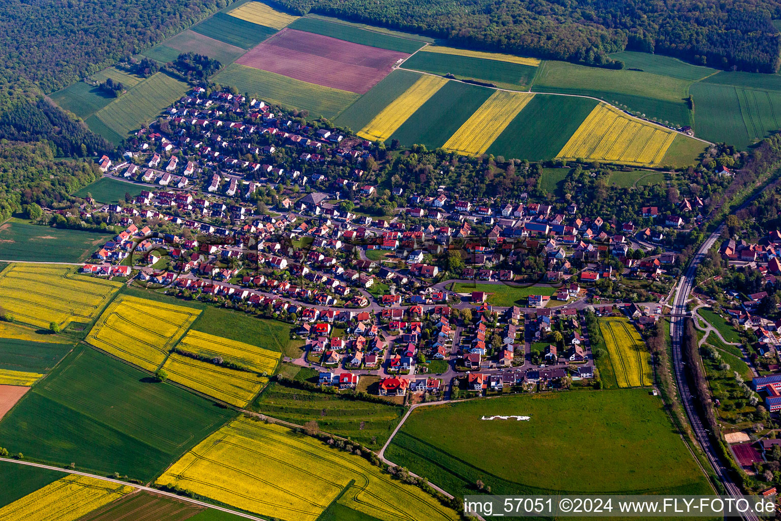 Aerial view of Town View of the streets and houses of the residential areas in Reichenberg in the state Bavaria, Germany