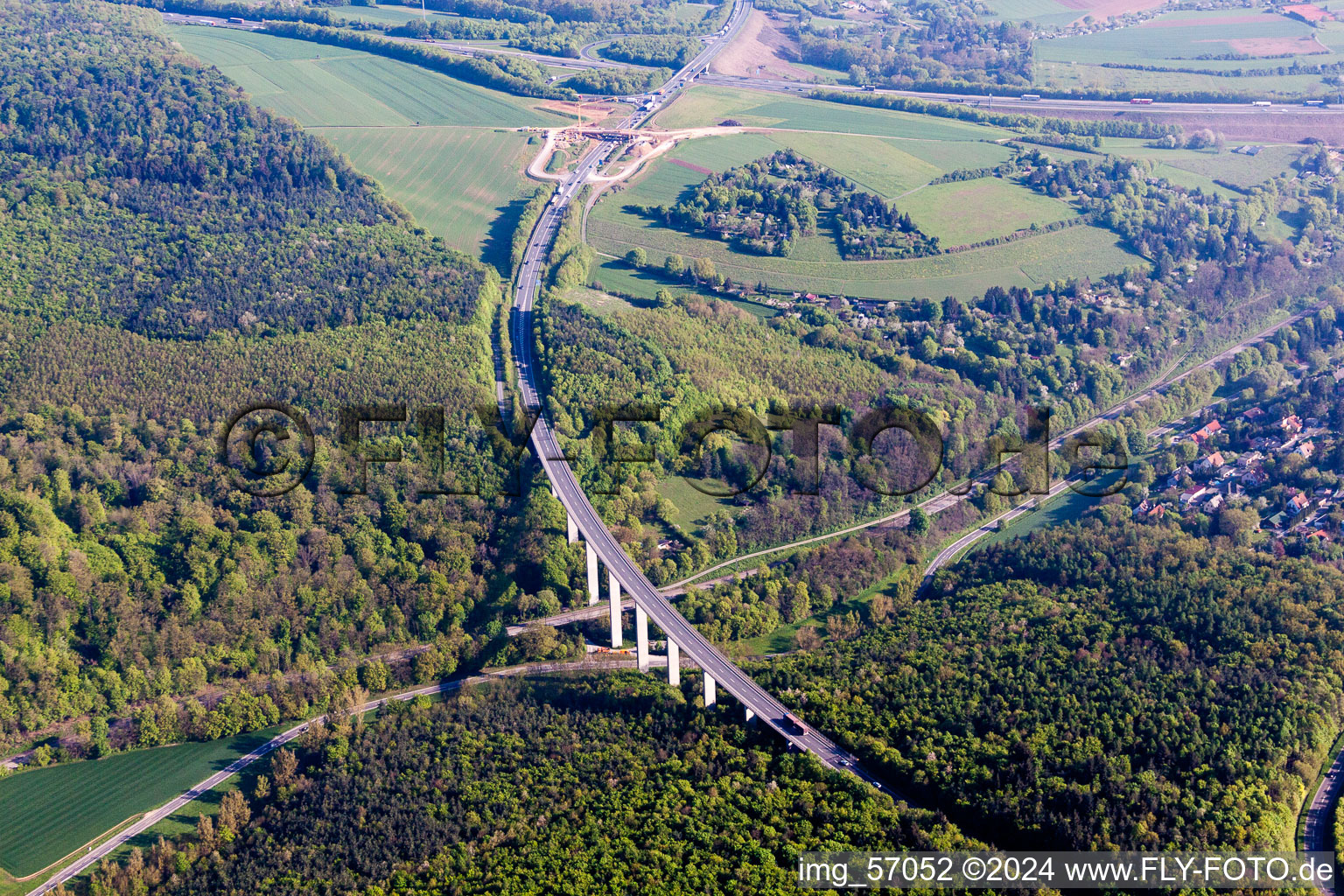 Routing and traffic lanes over the highway bridge in the B19 in Wuerzburg in the state Bavaria, Germany